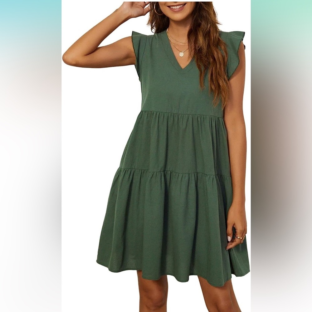 Kate Kasin Babydoll Dress Ruffled Sleeve Double Layer A-Line Mini Dress